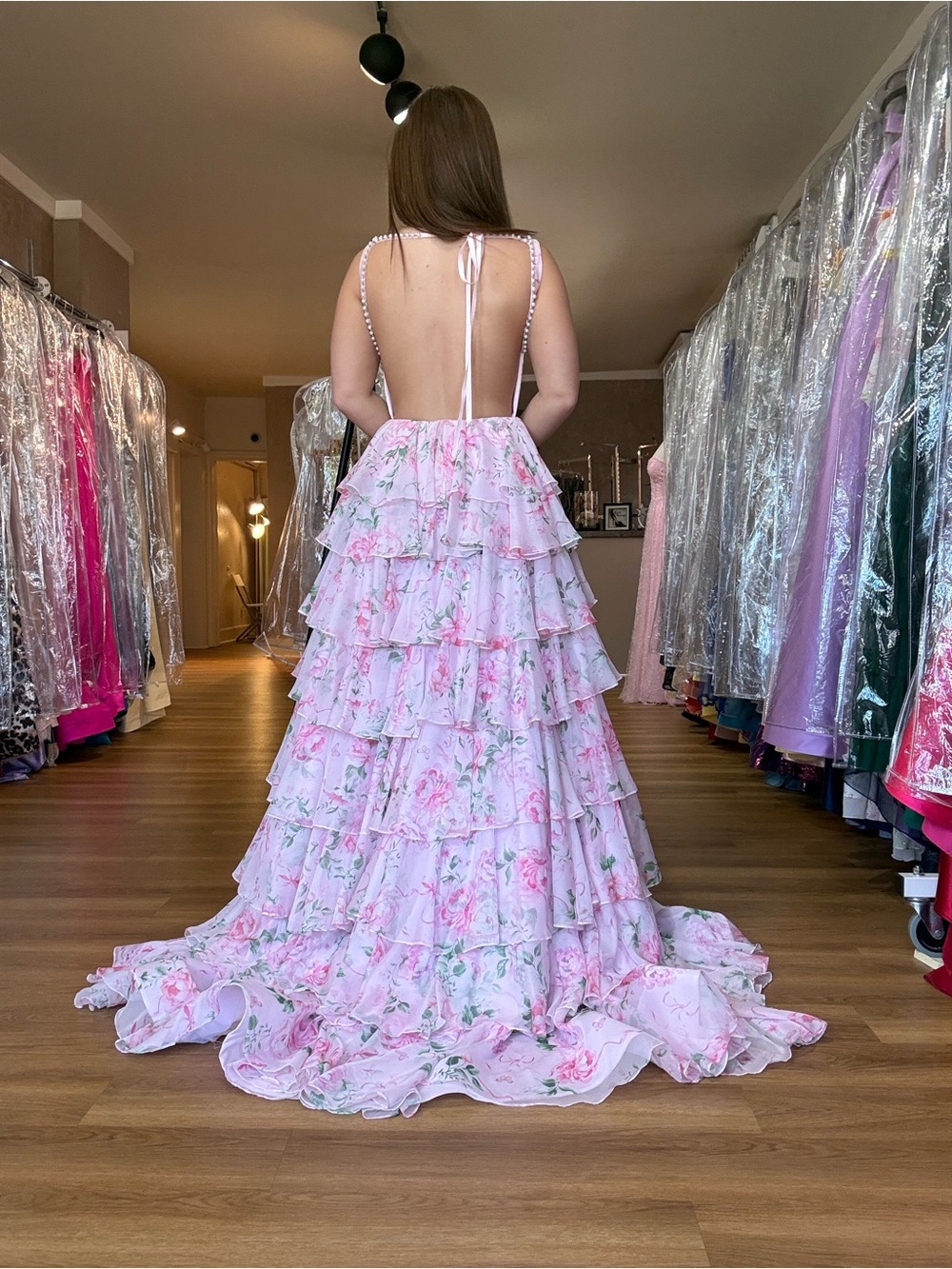 Sherri Hill- Backless Tiered Floral Maxi Dress - Pink multi Print - Picture 2 of 2